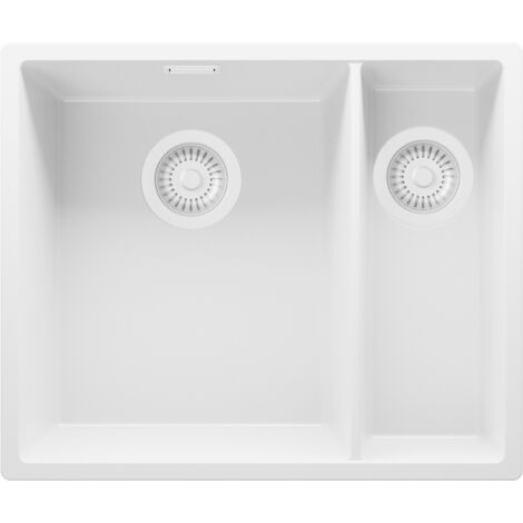 PRIMAGRAN Evier Cuisine en Granit 56x47cm, Lavabo 1,5 bacs + Kit de Vidage, Évier à Encastrer au meuble 60cm - London Slim Duo, Tout Blanc (1/5)