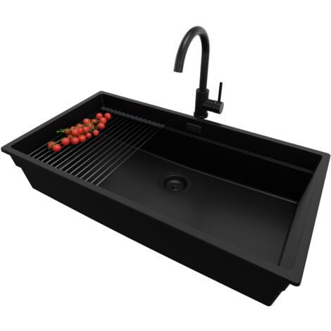 PRIMAGRAN Evier Cuisine en Granit 86x47cm, Lavabo 1 bac + Kit de Vidage + Accessoire, Évier à Encastrer au meuble 90cm - Prague Slim, Tout Noir (1/5)
