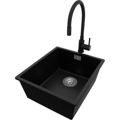 PRIMAGRAN Evier Sous Plan 41x47cm, Evier en Granit 1 bac + Robinet 40x38cm + Kit de Vidage, Évier au meuble 45cm - London, Noir (1/5)