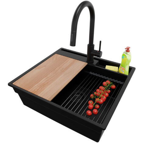 PRIMAGRAN Evier Cuisine en Granit 58x53cm, Lavabo 1 bac + Kit de Vidage + Accessoire, Évier à Encastrer au meuble 60cm - Oslo Pocket, Tout Noir (1/5)