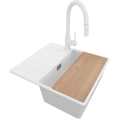 PRIMAGRAN Evier Cuisine en Granit 55x50cm, Lavabo 1 bac + Robinet 40x20cm + Kit de Vidage + Accessoire, Évier à Encastrer au meuble 40cm - Copenhague, Blanc (1/5)