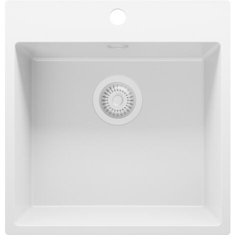 PRIMAGRAN Evier Cuisine en Granit 48x50cm, Lavabo 1 bac + Kit de Vidage, Évier à Encastrer au meuble 50cm - Riga, Tout Blanc