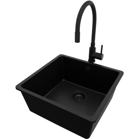 PRIMAGRAN Evier Cuisine en Granit 46x44cm, Lavabo 1 bac + Robinet 40x38cm + Kit de Vidage, Évier à Encastrer au meuble 50cm - Venise Slim Easy, Tout Noir (1/5)