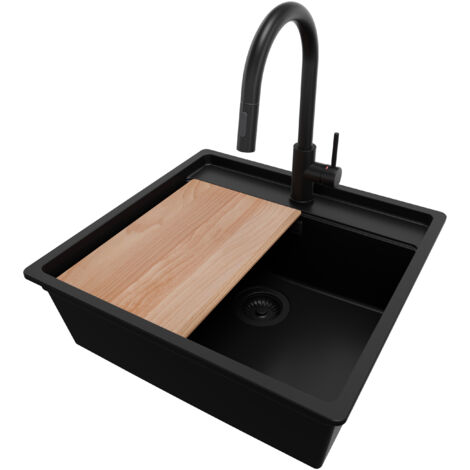 PRIMAGRAN Evier d'angle en Granit 56x53cm, Lavabo Cuisine 1 bac + Kit de Vidage + Accessoire, Évier à Encastrer au meuble 60cm - Bergen, Tout Noir (1/5)