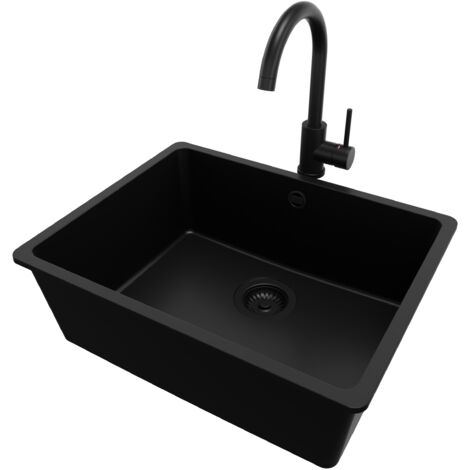 PRIMAGRAN Evier Sous Plan 56x44cm, Evier en Granit 1 bac + Robinet 32x20cm + Kit de Vidage, Évier au meuble 60cm - Venise Easy, Tout Noir