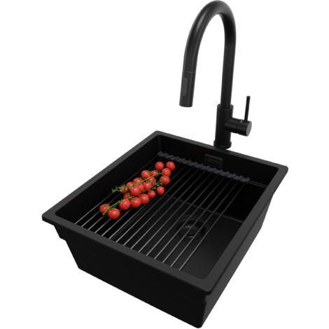 PRIMAGRAN Evier Sous Plan 41x47cm, Evier en Granit 1 bac + Robinet 40x20cm + Kit de Vidage + Égouttoir Enroulable, Évier au meuble 45cm - Prague, Tout Noir (1/5)