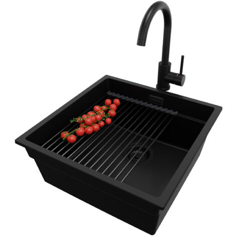 PRIMAGRAN Evier Cuisine en Granit 46x47cm, Lavabo 1 bac + Kit de Vidage + Accessoire, Évier à Encastrer au meuble 50cm - Prague Slim, Tout Noir (1/5)