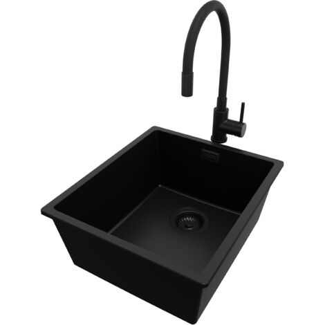 PRIMAGRAN Evier Cuisine en Granit 41x47cm, Lavabo 1 bac + Robinet 40x38cm + Kit de Vidage, Évier à Encastrer au meuble 45cm - London Slim, Tout Noir (1/5)