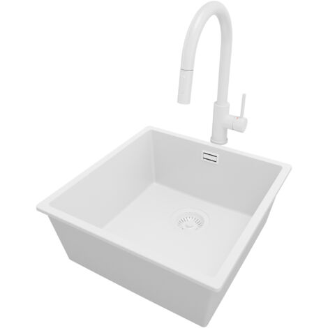 PRIMAGRAN Evier Cuisine en Granit 46x47cm, Lavabo 1 bac + Robinet 40x20cm + Kit de Vidage, Évier à Encastrer au meuble 50cm - London Slim, Tout Blanc (1/5)