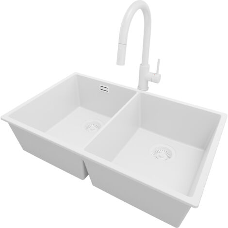 PRIMAGRAN Evier Sous Plan 76x47cm, Evier en Granit 2 bacs + Robinet 40x20cm + Kit de Vidage, Évier au meuble 80cm - London Twin, Tout Blanc (1/5)
