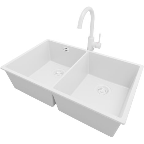 PRIMAGRAN Evier Sous Plan 76x47cm, Evier en Granit 2 bacs + Robinet 32x20cm + Kit de Vidage, Évier au meuble 80cm - London Twin, Tout Blanc (1/5)