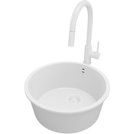 PRIMAGRAN Evier Sous Plan 46x46cm, Evier en Granit 1 bac + Robinet 40x20cm + Kit de Vidage, Évier au meuble 50cm - La Valette, Tout Blanc (1/5)