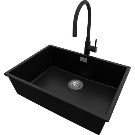 PRIMAGRAN Evier Cuisine en Granit 66x47cm, Lavabo 1 bac + Robinet 40x38cm + Kit de Vidage, Évier à Encastrer au meuble 70cm - London Slim, Noir (1/5)