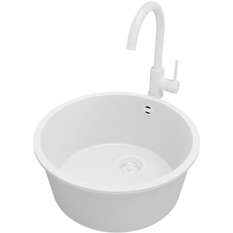 PRIMAGRAN Evier cuisine Granit Rond 46x46cm, Evier 1 bac + Robinet 32x20cm + Kit de Vidage, Lavabo Cuisine au meuble 50cm - La Valette Slim, Tout Blanc (1/5)