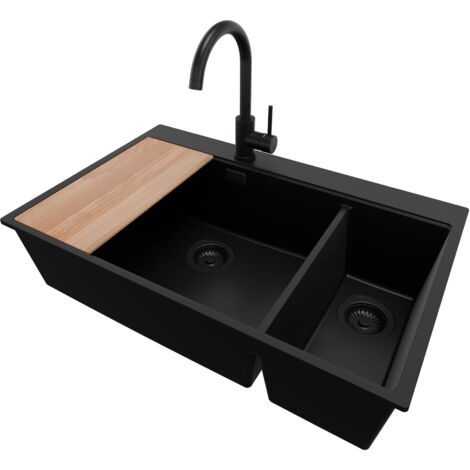 PRIMAGRAN Evier Cuisine en Granit 78x50cm, Lavabo 2 bacs + Robinet 32x20cm + Kit de Vidage + Accessoire, Évier à Encastrer au meuble 80cm - Oslo Duo, Tout Noir