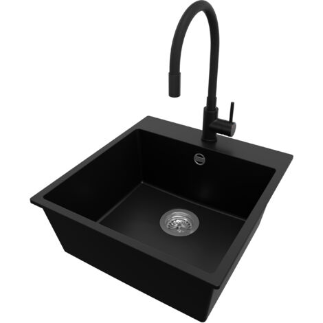 PRIMAGRAN Evier Cuisine en Granit 48x50cm, Lavabo 1 bac + Robinet 40x38cm + Kit de Vidage, Évier à Encastrer au meuble 50cm - Riga, Noir (1/5)