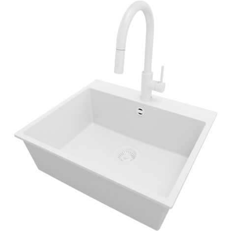 PRIMAGRAN Evier Cuisine en Granit 58x50cm, Lavabo 1 bac + Robinet 40x20cm + Kit de Vidage, Évier à Encastrer au meuble 60cm - Riga, Tout Blanc (1/5)