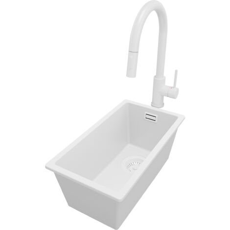 PRIMAGRAN Evier Sous Plan 26x47cm, Evier en Granit 1 bac + Robinet 40x20cm + Kit de Vidage, Évier au meuble 30cm - London, Tout Blanc (1/5)