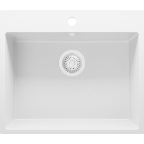 PRIMAGRAN Evier Cuisine en Granit 58x50cm, Lavabo 1 bac + Kit de Vidage, Évier à Encastrer au meuble 60cm - Riga, Tout Blanc