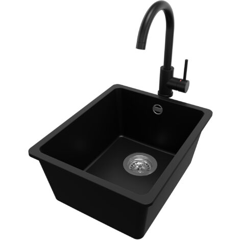 PRIMAGRAN Evier Cuisine en Granit 36x44cm, Lavabo 1 bac + Robinet 32x20cm + Kit de Vidage, Évier à Encastrer au meuble 40cm - Venise Slim Easy, Noir (1/5)