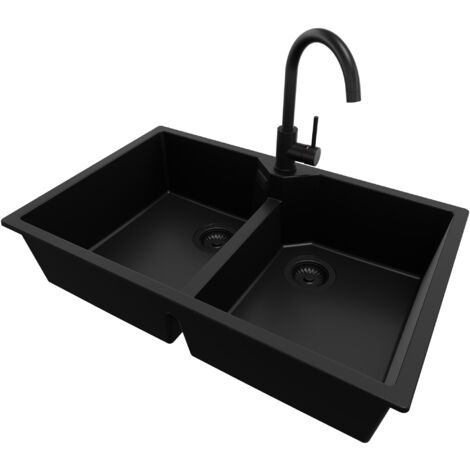 PRIMAGRAN Evier Cuisine en Granit 78x50cm, Lavabo 2 bacs + Robinet 32x20cm + Kit de Vidage, Évier à Encastrer au meuble 80cm - Madrid Twin, Tout Noir (1/5)