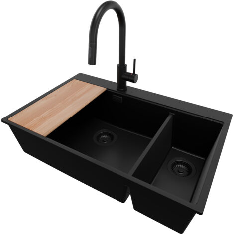 PRIMAGRAN Evier Cuisine en Granit 78x50cm, Lavabo 2 bacs + Robinet 40x20cm + Kit de Vidage + Accessoire, Évier à Encastrer au meuble 80cm - Oslo Duo, Tout Noir