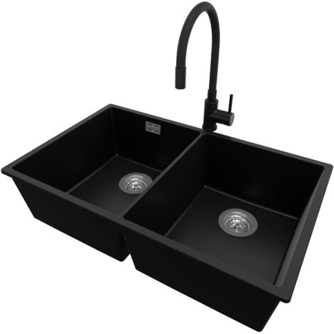 PRIMAGRAN Evier Sous Plan 76x47cm, Evier en Granit 2 bacs + Robinet 40x38cm + Kit de Vidage, Évier au meuble 80cm - London Twin, Noir (1/5)