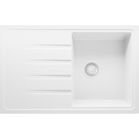 PRIMAGRAN Evier Cuisine en Granit 78x50cm, Lavabo 1 bac + Kit de Vidage, Évier à Encastrer au meuble 45cm - Milan, Tout Blanc