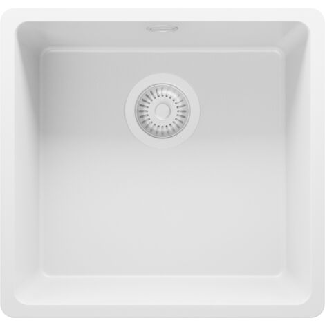 PRIMAGRAN Evier Cuisine en Granit 46x44cm, Lavabo 1 bac + Kit de Vidage, Évier à Encastrer au meuble 50cm - Venise Slim Easy, Tout Blanc (1/5)