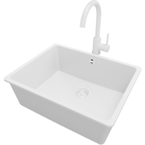 PRIMAGRAN Evier Sous Plan 56x44cm, Evier en Granit 1 bac + Robinet 32x20cm + Kit de Vidage, Évier au meuble 60cm - Venise Easy, Tout Blanc