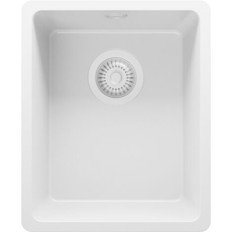 PRIMAGRAN Evier Sous Plan 36x44cm, Evier en Granit 1 bac + Kit de Vidage, Évier au meuble 40cm - Venise Easy, Tout Blanc (1/5)