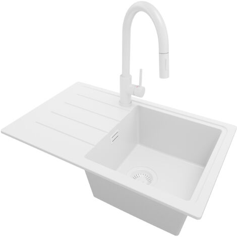 PRIMAGRAN Evier Cuisine en Granit 70x44cm, Lavabo 1 bac + Robinet 40x20cm + Kit de Vidage, Évier à Encastrer au meuble 45cm - Copenhague Easy, Tout Blanc