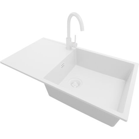 PRIMAGRAN Evier Cuisine en Granit 90x50cm, Lavabo 1 bac + Robinet 32x20cm + Kit de Vidage, Évier à Encastrer au meuble 60cm - Ibiza, Tout Blanc (1/5)