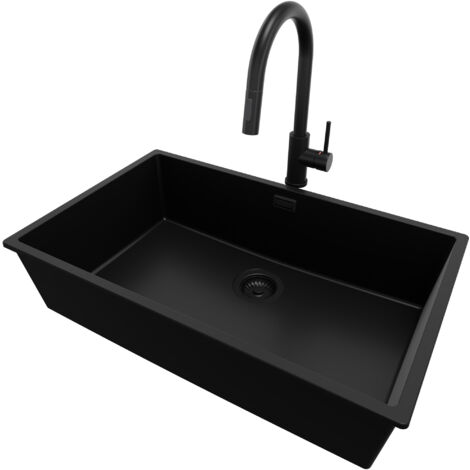 PRIMAGRAN Evier Sous Plan 76x47cm, Evier en Granit 1 bac + Robinet 40x20cm + Kit de Vidage, Évier au meuble 80cm - London, Tout Noir (1/5)