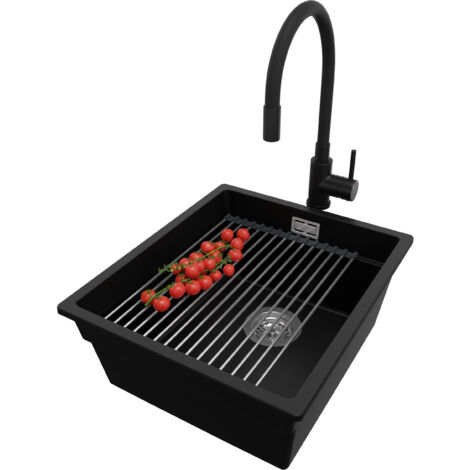 PRIMAGRAN Evier Cuisine en Granit 41x47cm, Lavabo 1 bac + Robinet 40x38cm + Kit de Vidage + Accessoire, Évier à Encastrer au meuble 45cm - Prague Slim, Noir (1/5)