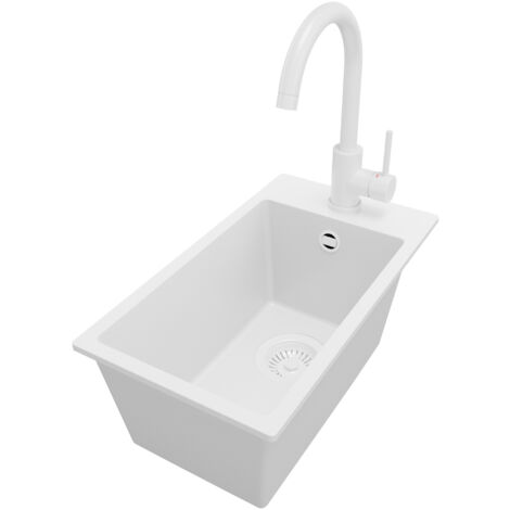 PRIMAGRAN Evier Cuisine en Granit 28x50cm, Lavabo 1 bac + Robinet 32x20cm + Kit de Vidage, Évier à Encastrer au meuble 30cm - Riga, Tout Blanc (1/5)