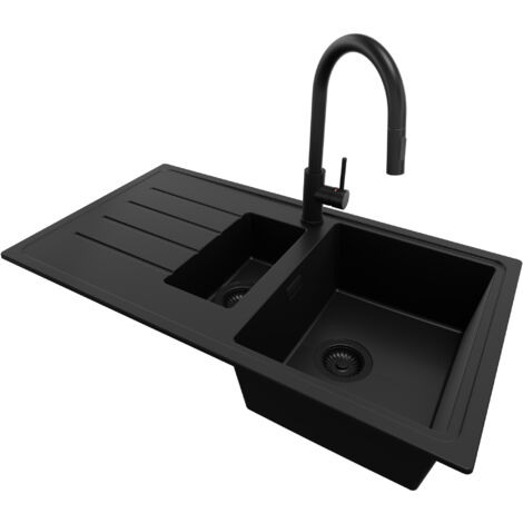 PRIMAGRAN Evier Cuisine en Granit 90x50cm, Lavabo 1,5 bacs + Robinet 40x20cm + Kit de Vidage, Évier à Encastrer au meuble 60cm - Copenhague Duo, Tout Noir