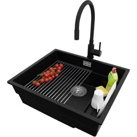 PRIMAGRAN Evier Cuisine en Granit 56x47cm, Lavabo 1 bac + Robinet 40x38cm + Kit de Vidage + Accessoire, Évier à Encastrer au meuble 60cm - Prague Slim, Noir (1/5)