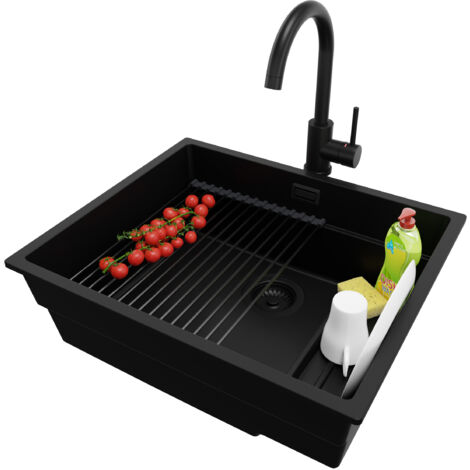 PRIMAGRAN Evier Sous Plan 56x47cm, Evier en Granit 1 bac + Robinet 32x20cm + Kit de Vidage + Égouttoir Enroulable, Évier au meuble 60cm - Prague, Tout Noir (1/5)