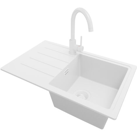 PRIMAGRAN Evier Cuisine en Granit 70x44cm, Lavabo 1 bac + Robinet 32x20cm + Kit de Vidage, Évier à Encastrer au meuble 45cm - Copenhague Easy, Tout Blanc (1/5)
