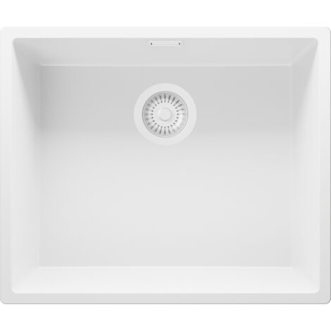 PRIMAGRAN Evier Cuisine en Granit 56x47cm, Lavabo 1 bac + Kit de Vidage, Évier à Encastrer au meuble 60cm - London Slim, Tout Blanc