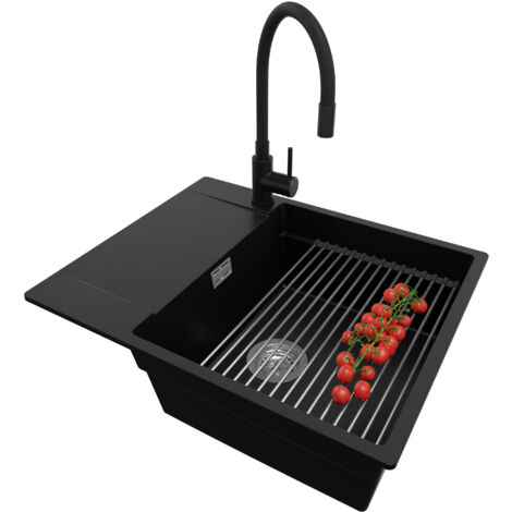 PRIMAGRAN Evier Cuisine en Granit 62x50cm, Lavabo 1 bac + Robinet 40x38cm + Kit de Vidage + Accessoire, Évier à Encastrer au meuble 50cm - San Francisco, Noir (1/5)