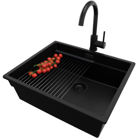 PRIMAGRAN Evier Cuisine en Granit 56x47cm, Lavabo 1 bac + Kit de Vidage + Accessoire, Évier à Encastrer au meuble 60cm - Prague Slim, Tout Noir (1/5)