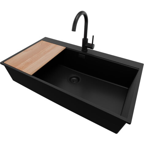 PRIMAGRAN Evier Cuisine en Granit 88x50cm, Lavabo 1 bac + Robinet 32x20cm + Kit de Vidage + Accessoire, Évier à Encastrer au meuble 90cm - Oslo, Tout Noir