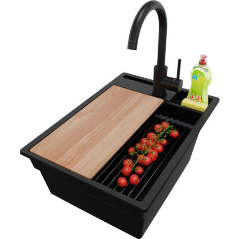 PRIMAGRAN Evier Cuisine en Granit 38x53cm, Lavabo 1 bac + Kit de Vidage + Accessoire, Évier à Encastrer au meuble 40cm - Oslo Pocket, Tout Noir (1/5)