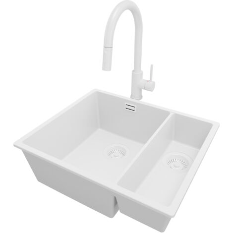 PRIMAGRAN Evier Sous Plan 56x47cm, Evier en Granit 1,5 bacs + Robinet 40x20cm + Kit de Vidage, Évier au meuble 60cm - London Duo, Tout Blanc (1/5)