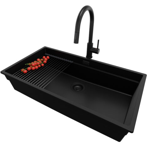 PRIMAGRAN Evier Cuisine en Granit 86x47cm, Lavabo 1 bac + Kit de Vidage + Accessoire, Évier à Encastrer au meuble 90cm - Prague Slim, Tout Noir (1/5)