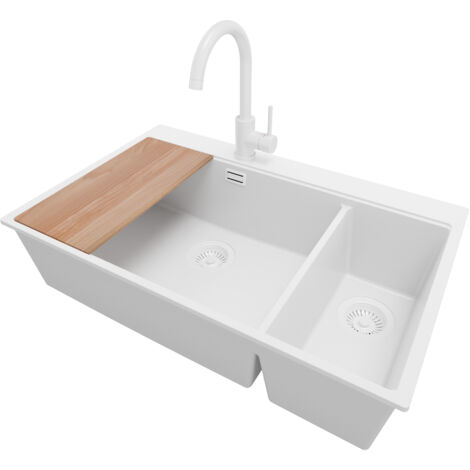 PRIMAGRAN Evier Cuisine en Granit 78x50cm, Lavabo 2 bacs + Kit de Vidage + Accessoire, Évier à Encastrer au meuble 80cm - Oslo Duo, Tout Blanc