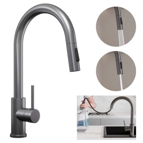 PRIMAGRAN Robinet de cuisine 9010, Robinet d'évier rotation 360°, Robinet haute pression, avec deux types de jet, avec bec rétractable, Gun Metal (1/5)