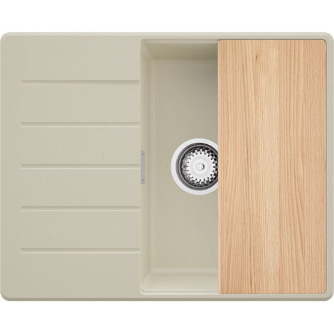 PRIMAGRAN Evier Cuisine en Granit 62x50cm,Lavabo 1 bac + Kit de Vidage + Planche à Découper, Évier à Encastrer au meuble 45cm - Copenhague, Beige (1/5)